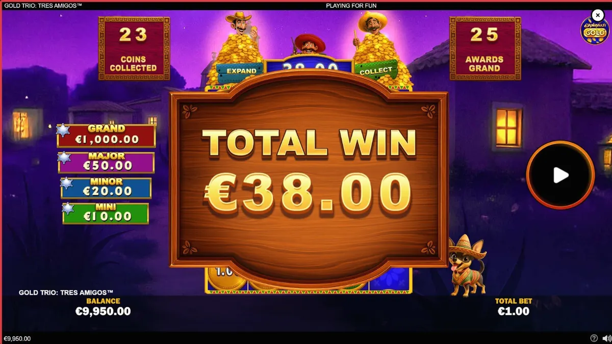 Tangkapan layar dari slot Gold Trio: Tres Amigos menampilkan bandit Meksiko dan koin berwarna di gulungan.