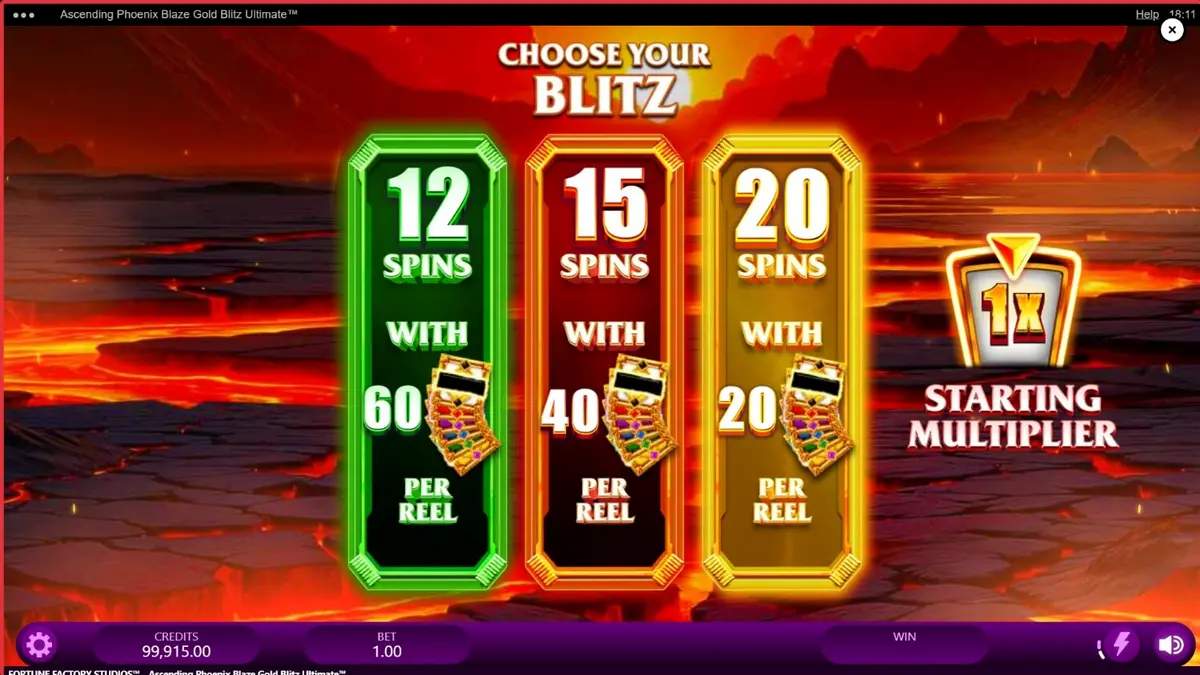 Tampilan visual slot Ascending Phoenix Blaze Gold Blitz Ultimate dengan tema api dan emas