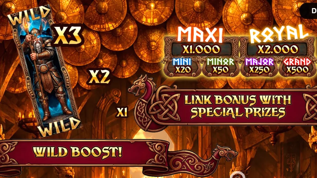 Pemandangan epik bertema Viking dalam slot Valhalla Wilds Boost